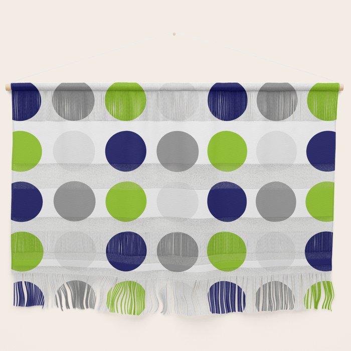 Lime Green, Bright Navy Blue, And Gray Multi Dots Minimalist Pattern On White Wall Hanging