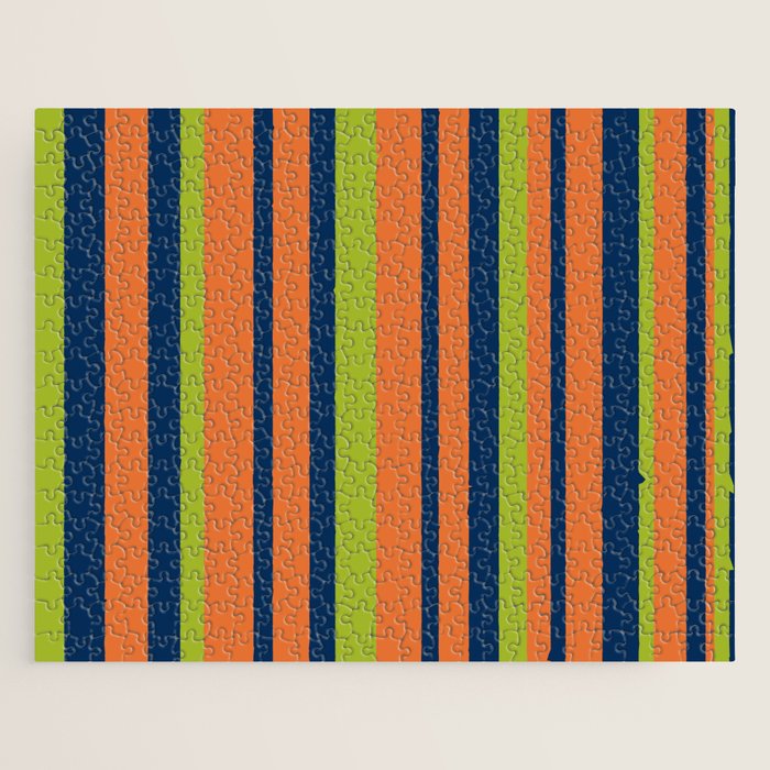 Vertical Retro Stripes In Navy Blue, Orange, And Lime Green Pattern Jigsaw Puzzle