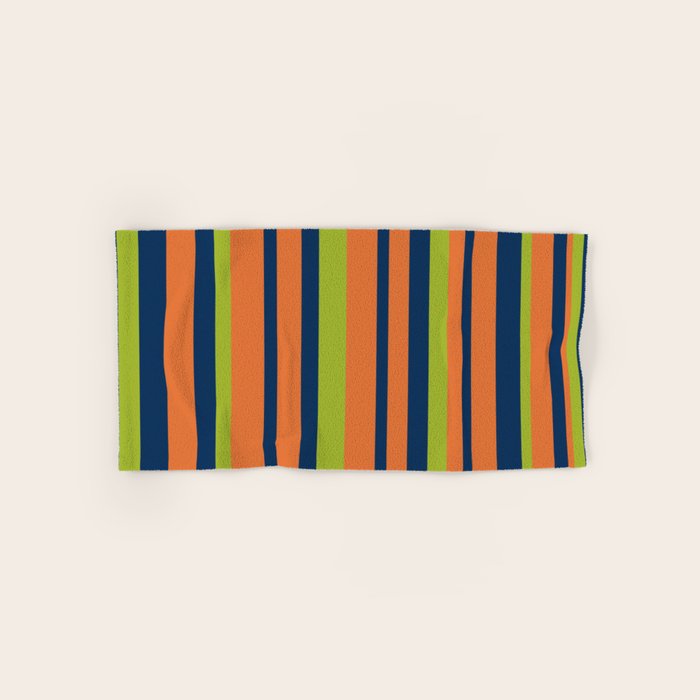 Vertical Retro Stripes In Navy Blue, Orange, And Lime Green Pattern Bath Towel