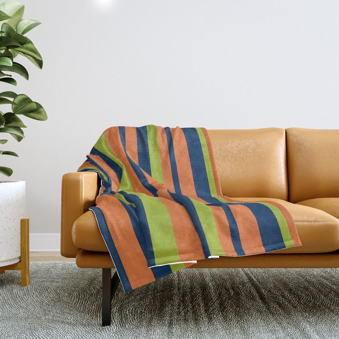 Vertical Retro Stripes In Navy Blue, Orange, And Lime Green Pattern Throw Blanket