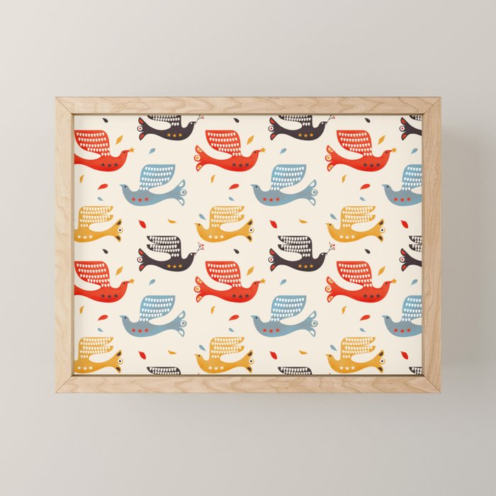Festive Birds Retro Pattern Mini Art Print