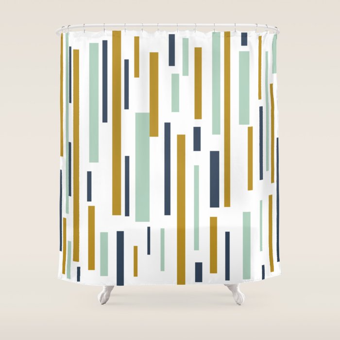 Interrupted Lines Mid-Century Modern Minimalist Pattern In Navy Blue, Teal Mint, Gold Mustard, White Shower Curtain