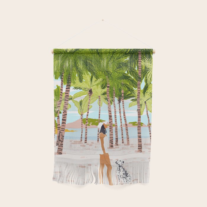 The Happy Spots, Dalmatian Dog Pets, Bohemian Woman Beach Tropical Palm Fashion Illustration Wall Hanging
