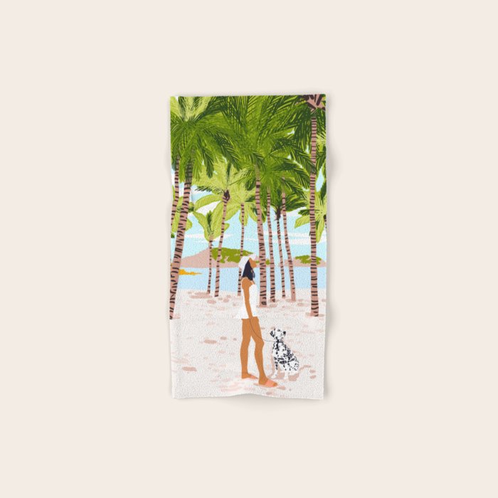The Happy Spots, Dalmatian Dog Pets, Bohemian Woman Beach Tropical Palm Fashion Illustration Bath Towel