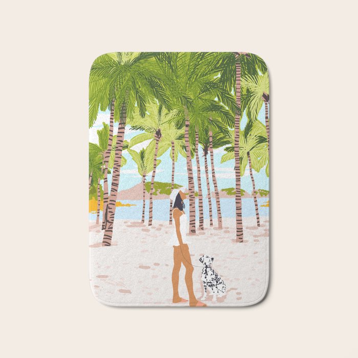 The Happy Spots, Dalmatian Dog Pets, Bohemian Woman Beach Tropical Palm Fashion Illustration Bath Mat