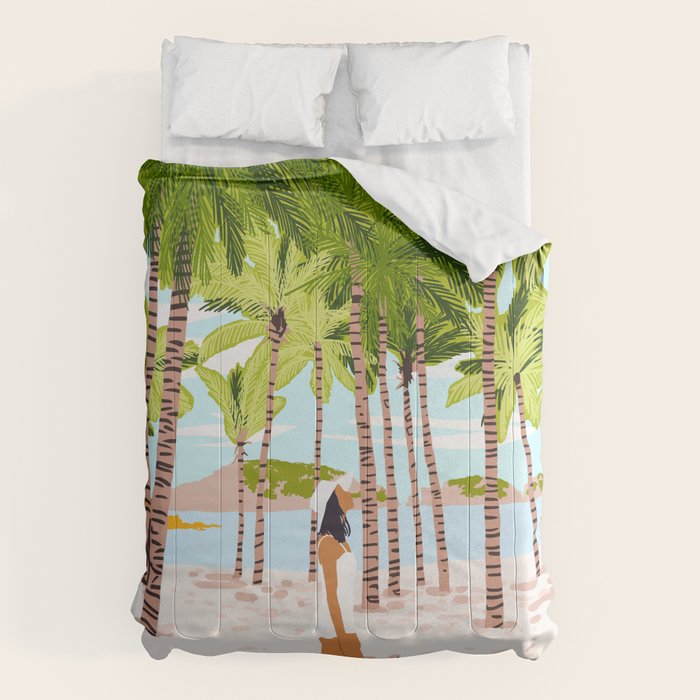 The Happy Spots, Dalmatian Dog Pets, Bohemian Woman Beach Tropical Palm Fashion Illustration Comforter