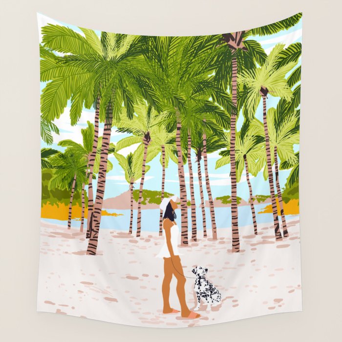The Happy Spots, Dalmatian Dog Pets, Bohemian Woman Beach Tropical Palm Fashion Illustration Wall Tapestry