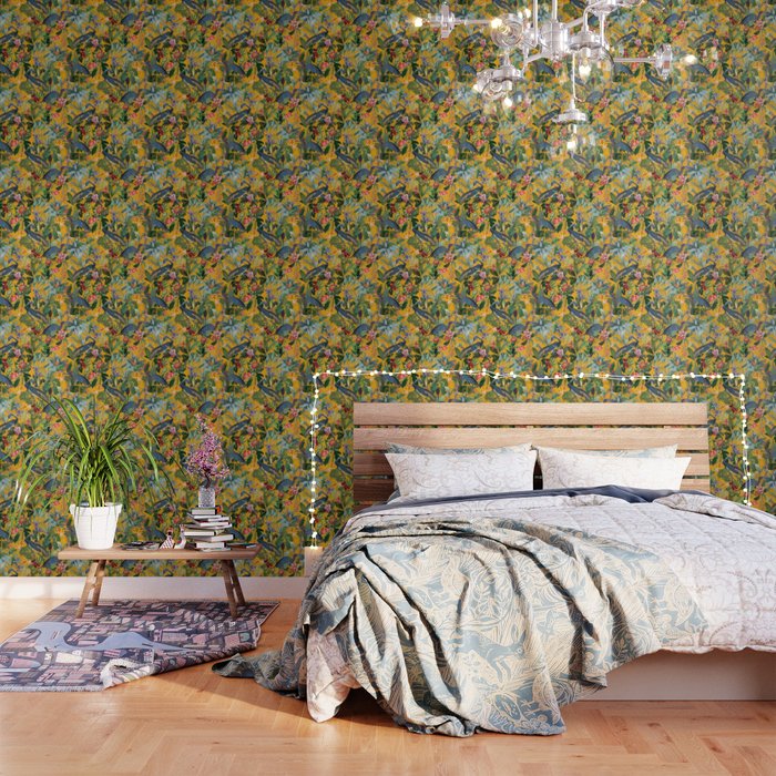 Vintage & Shabby Chic - Sunny Tropical Garden Blue Heron Wallpaper