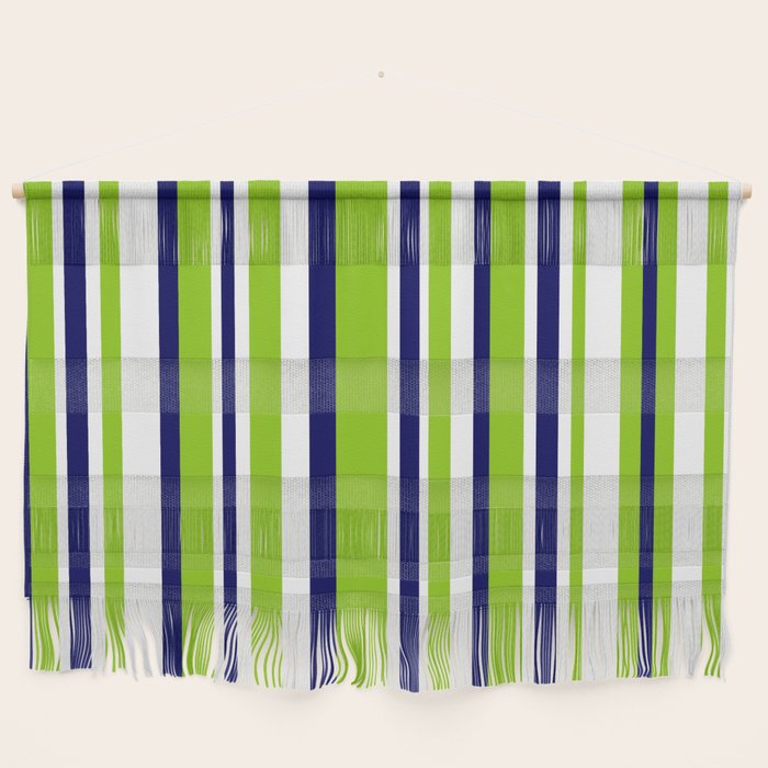 Lime Green Bright Navy Blue And White Vertical Stripes Pattern Wall Hanging