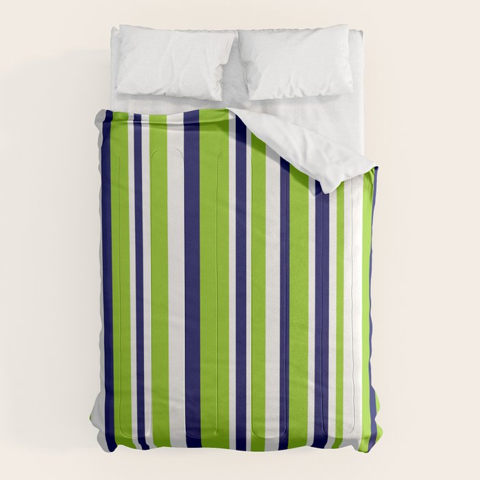 Lime Green Bright Navy Blue And White Vertical Stripes Pattern Comforter