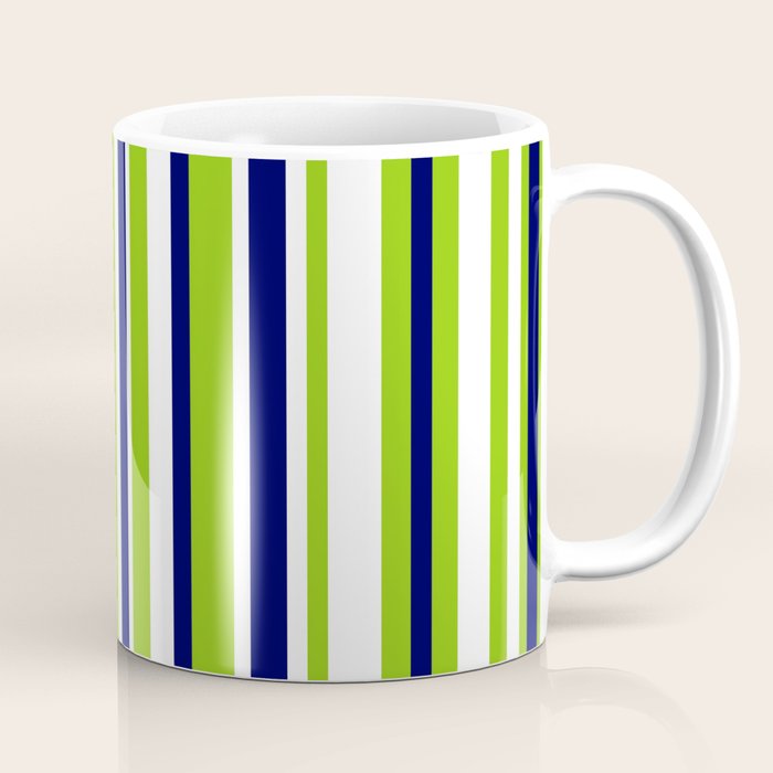 Lime Green Bright Navy Blue And White Vertical Stripes Pattern Coffee Mug