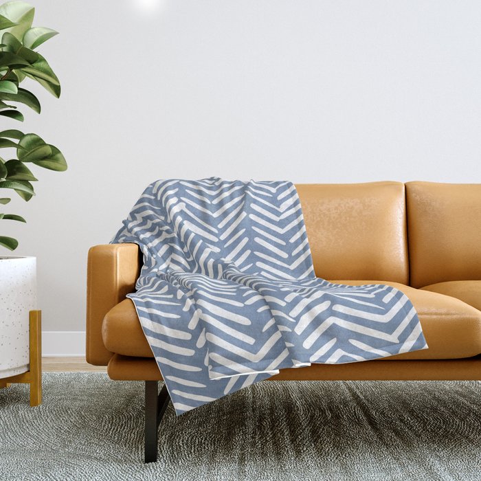 Abstract Herringbone Pattern, Rustic, Blue And White Throw Blanket