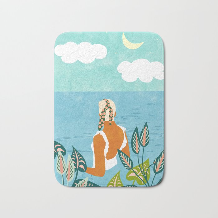 The Pursuit Of Happiness, Woman Ocean Travel Swim Illustration, Bohemian Fashion Tropical Bath Mat