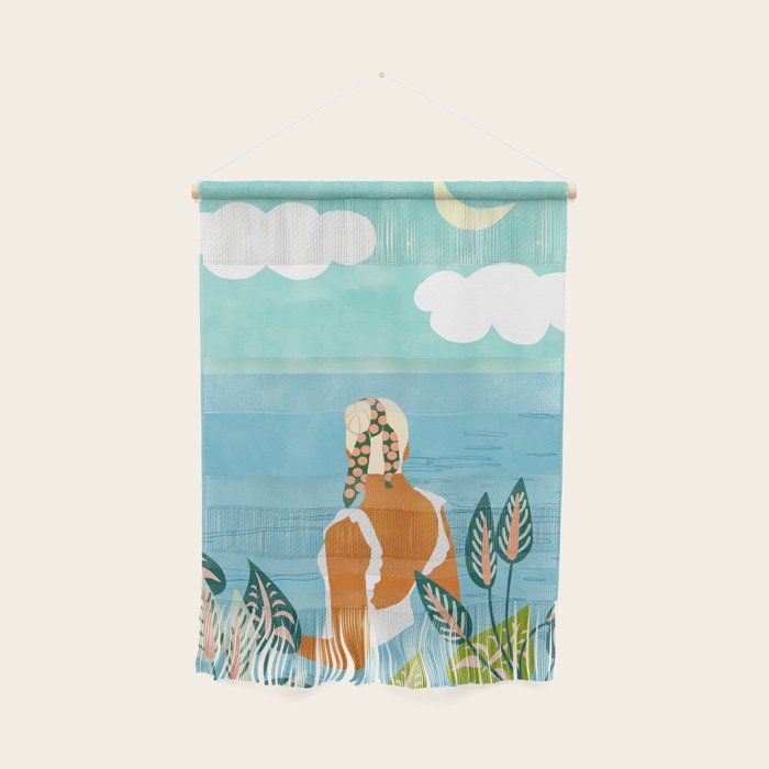 The Pursuit Of Happiness, Woman Ocean Travel Swim Illustration, Bohemian Fashion Tropical Wall Hanging