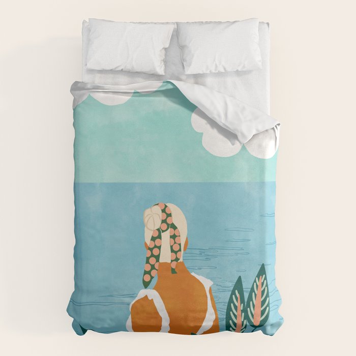 The Pursuit Of Happiness, Woman Ocean Travel Swim Illustration, Bohemian Fashion Tropical Duvet Cover