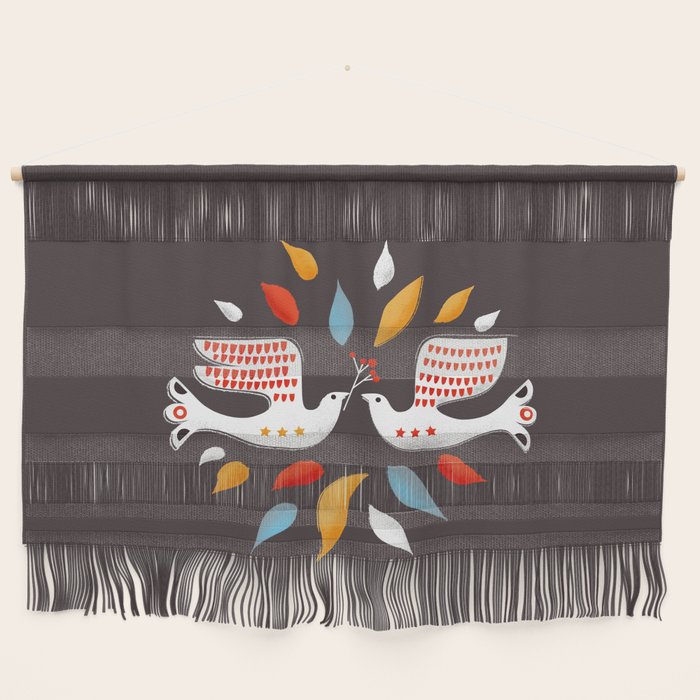 Retro Christmas Birds Illustration Wall Hanging