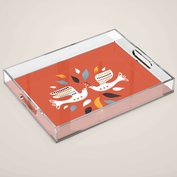 Festive Doves - Folk Illustration Acrylic Tray