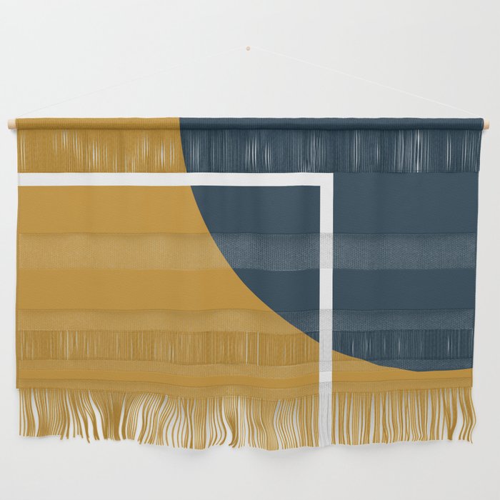 Fusion 4: Minimalist Geometric Abstract In Dark Mustard Yellow, Navy Blue, And White Wall Hanging