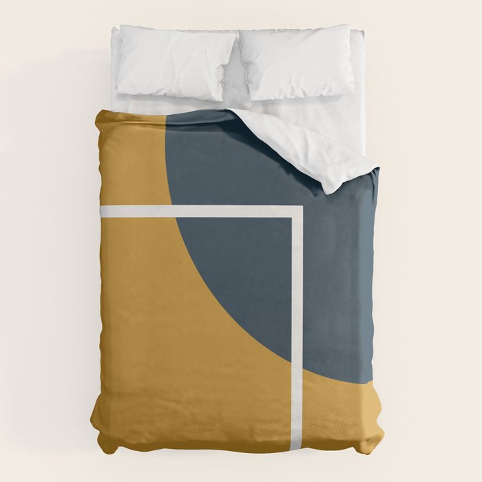 Fusion 4: Minimalist Geometric Abstract In Dark Mustard Yellow, Navy Blue, And White Duvet Cover