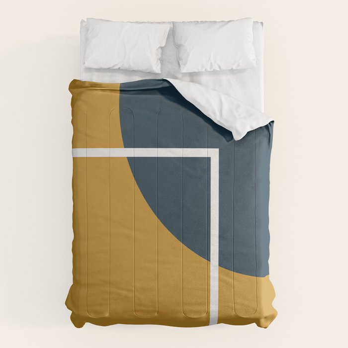 Fusion 4: Minimalist Geometric Abstract In Dark Mustard Yellow, Navy Blue, And White Comforter