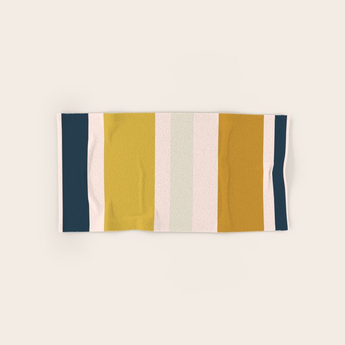 Blush Pink, Navy Blue, Mustard Yellow Big Stripes Pattern Bath Towel