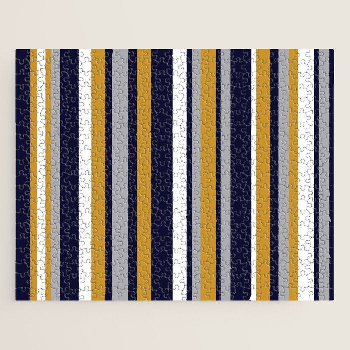 Modern Stripes In Mustard Yellow, Navy Blue, Gray, And White. Minimalist Color Block Jigsaw Puzzle