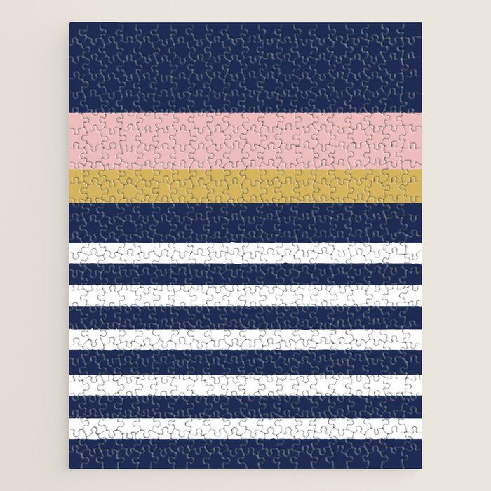 Graduated Stripes In Navy Blue, Blush Pink, Mustard Yellow, And White. Minimalist Color Block Design Jigsaw Puzzle