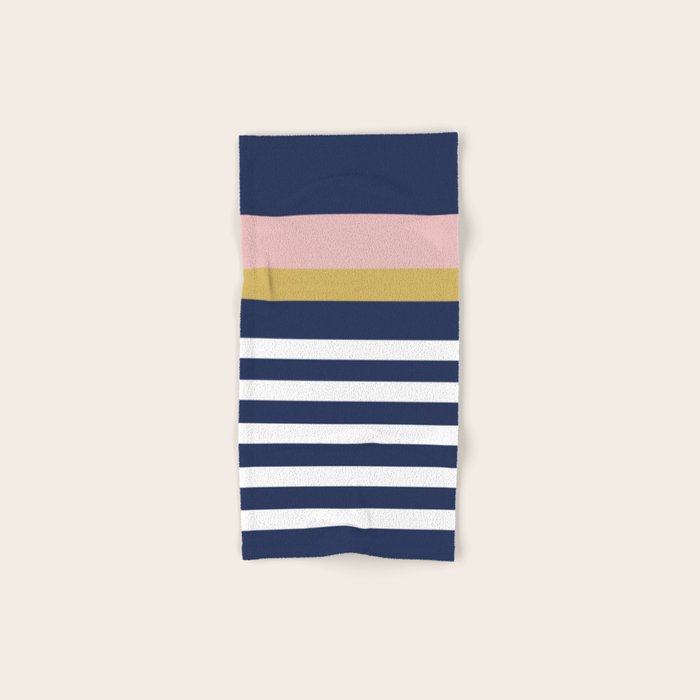 Graduated Stripes In Navy Blue, Blush Pink, Mustard Yellow, And White. Minimalist Color Block Design Bath Towel