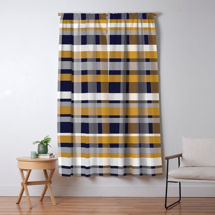 Modern Retro Plaid In Mustard Yellow, White, Navy Blue, And Grey Window Curtain