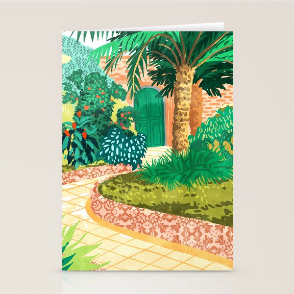 The House With The Green Door, Nature Architecture Painting, Places Stay At Home Tropical Villa Stationery Card