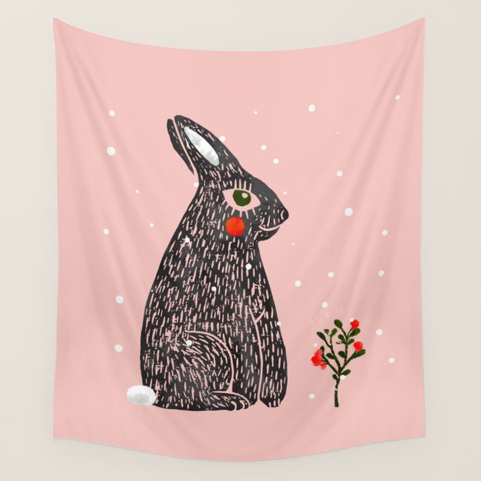 Christmas Rabbit - Illustration Wall Tapestry