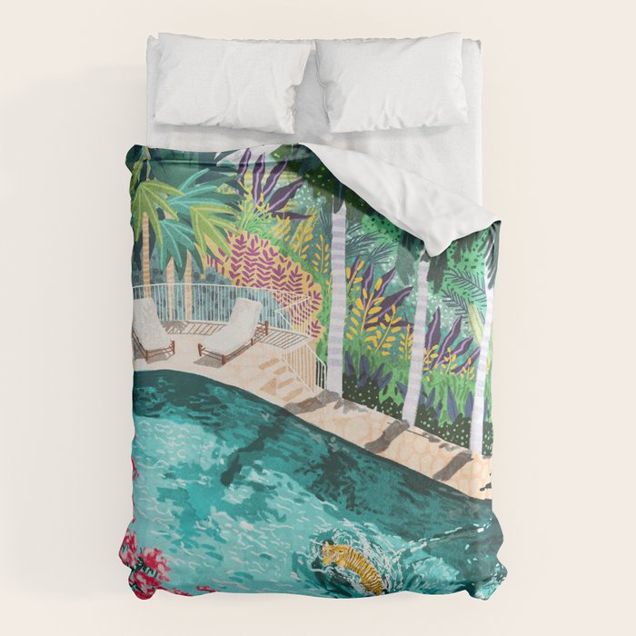 Luxury Tiger Villa Illustration, Architecture Travel Nature Painting, Hotel Landscape Garden Duvet Cover
