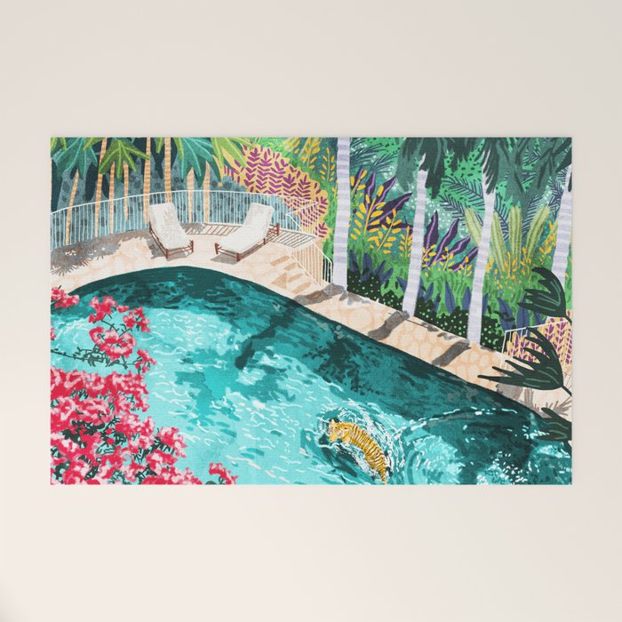 Luxury Tiger Villa Illustration, Architecture Travel Nature Painting, Hotel Landscape Garden Welcome Mat