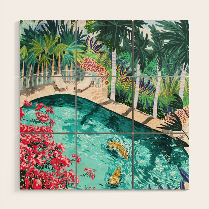 Luxury Tiger Villa Illustration, Architecture Travel Nature Painting, Hotel Landscape Garden Wood Wall Art