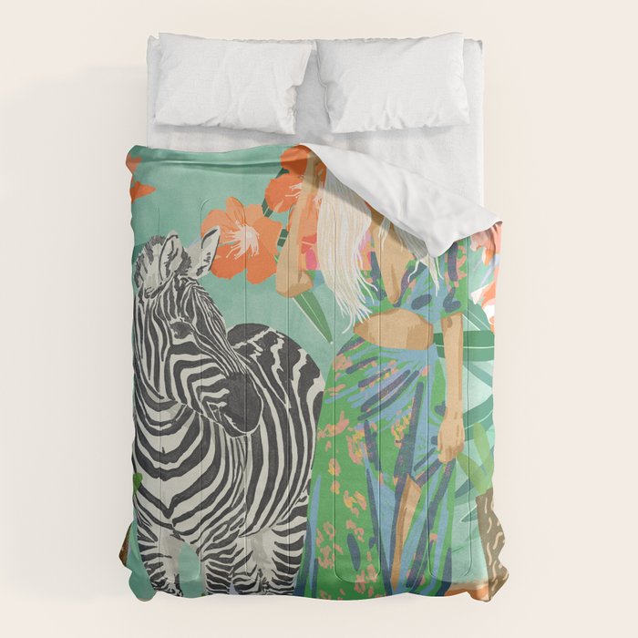 Never Change Your Stripes Illustration, Modern Bohemian Zebra Painting Wildlife Woman Comforter