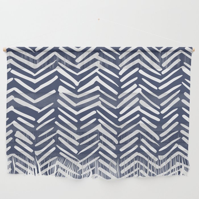 Boho Herringbone Pattern, Navy Blue And White Wall Hanging