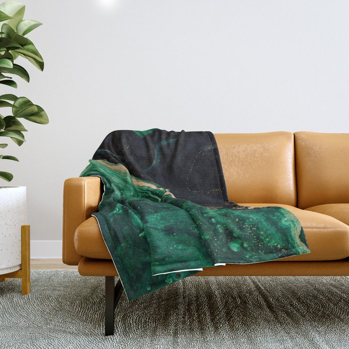 Abstract Pour Painting Liquid Marble Abstract Dark Green Painting Gold Accent Agate Stone Layers Throw Blanket