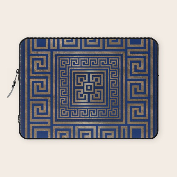 Greek Key Ornament - Greek Meander -Gold On Blue Laptop Sleeve