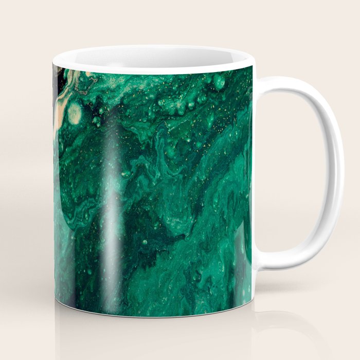 Abstract Pour Painting Liquid Marble Abstract Dark Green Painting Gold Accent Agate Stone Layers Coffee Mug
