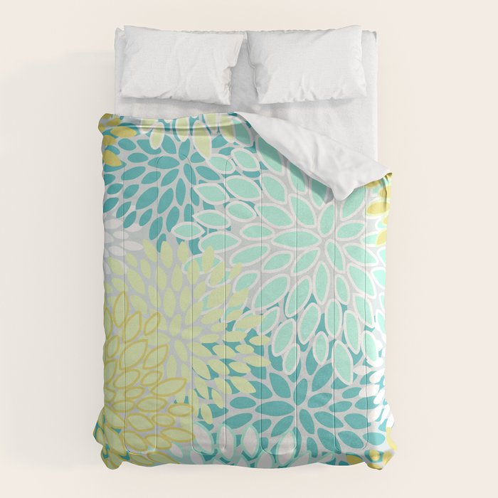 Floral Prints, Teal, Turquoise And Yellow Comforter