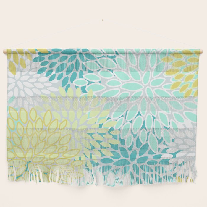 Floral Prints, Teal, Turquoise And Yellow Wall Hanging