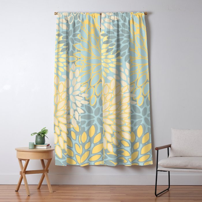Elegant Blooms: Modern Floral Art In Soft Yellow And Teal Window Curtain