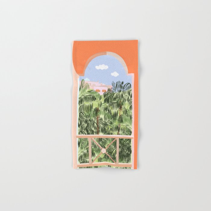 Summer Travel, Tropical Nature Palm Trees, Modern Architecture Palace Illustration Painting Bath Towel