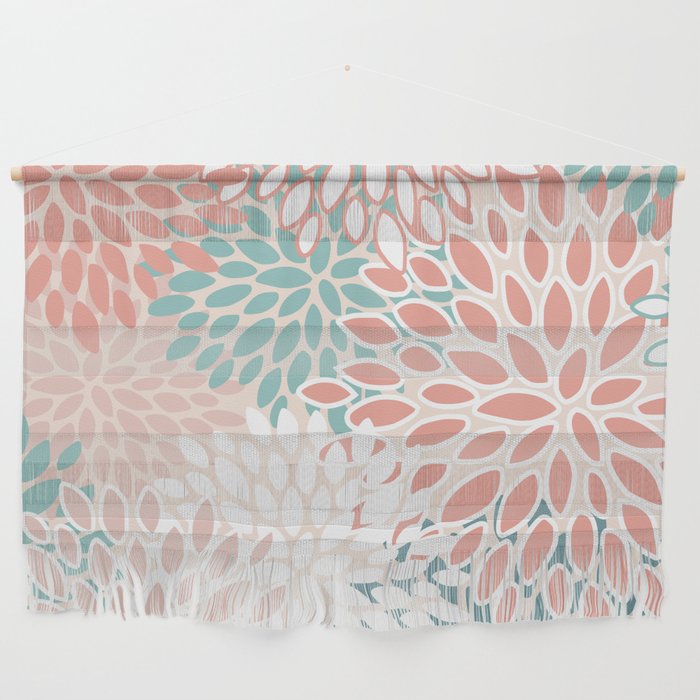 Festive, Floral Prints, Teal, Peach, Coral Wall Hanging
