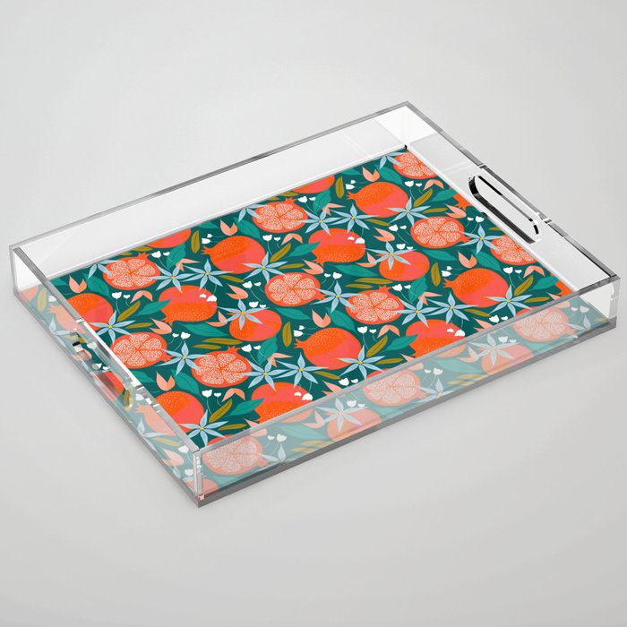 Summer Pomegranate, Tropical Fruit Illustration, Colorful Eclectic Bohemian Juicy Summer Botanical Acrylic Tray
