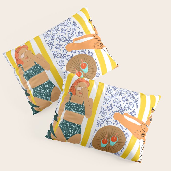 How To Vacay With Your Tiger, Human Animal Connection Illustration, Tropical Travel Morocco Painting Pillow Sham