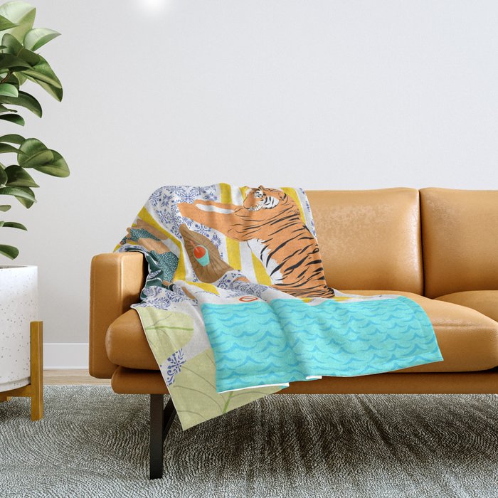 How To Vacay With Your Tiger, Human Animal Connection Illustration, Tropical Travel Morocco Painting Throw Blanket