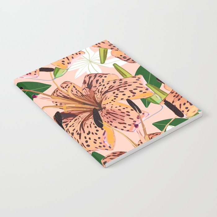 Tiger Lillies, Tropical Blush Botanical Illustration, Polka Dots Nature Vibrant Floral Jungle Notebook