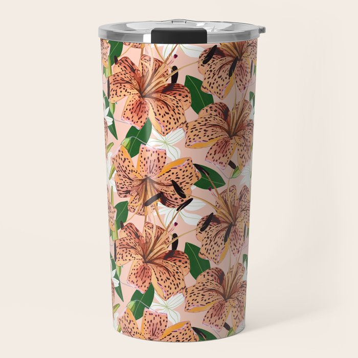 Tiger Lillies, Tropical Blush Botanical Illustration, Polka Dots Nature Vibrant Floral Jungle Travel Mug
