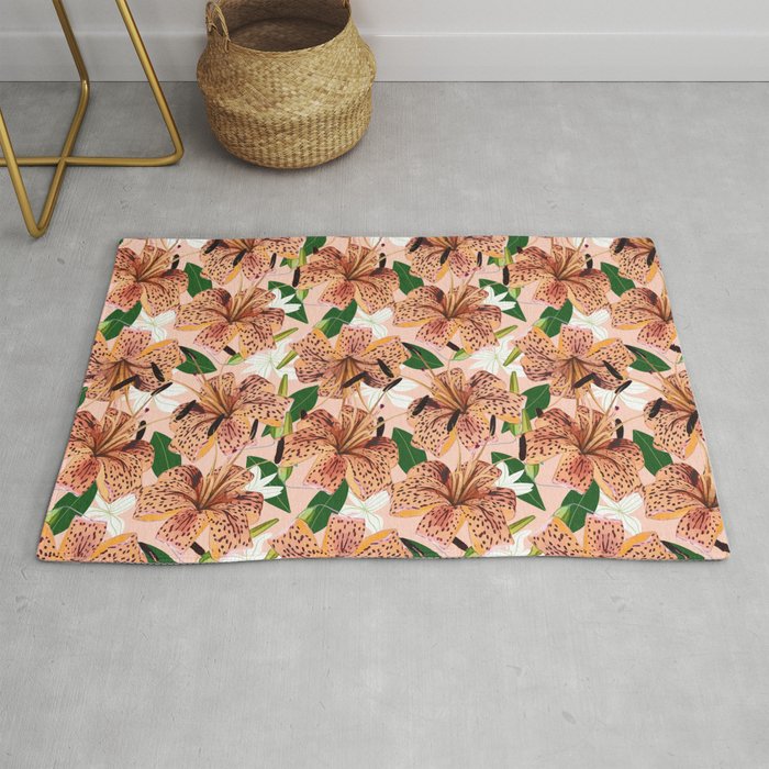 Tiger Lillies, Tropical Blush Botanical Illustration, Polka Dots Nature Vibrant Floral Jungle Rug